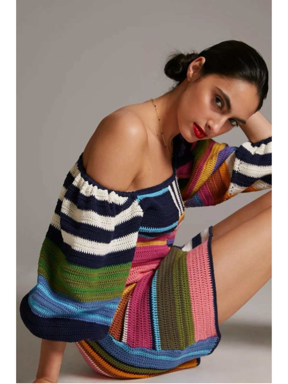 Women's FARM Rio Multicolor Striped Crochet Mini Dress XS - Picture 2 of 9